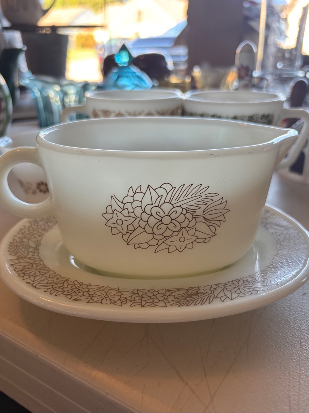 Vintage Pyrex gravy, boat and dish 77B and 77U Brown Woodlands